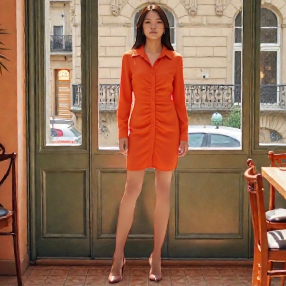 Nasty Gal Dress Bright Orange Button-Down Shirt Dress Ruche over me sz 8 NWT